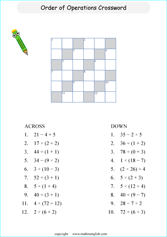 printable order of operations and BODMAS crossword puzzle for kids