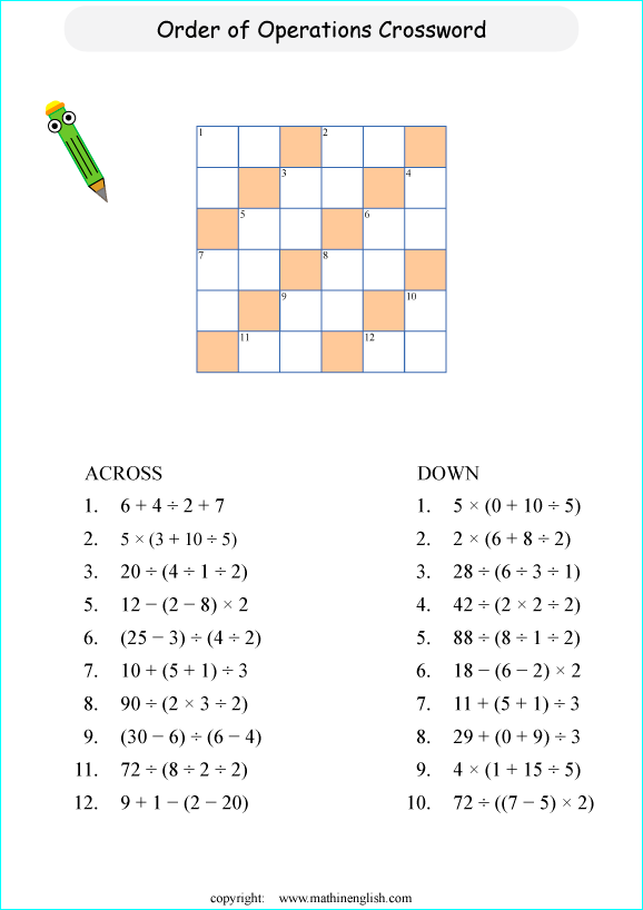 printable order of operations and BODMAS crossword puzzle for kids