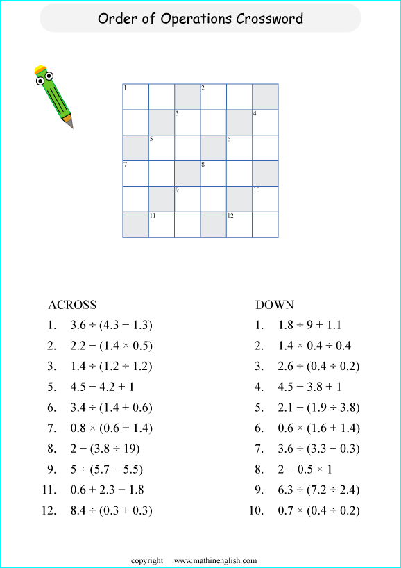 Order of operations math crossword puzzles