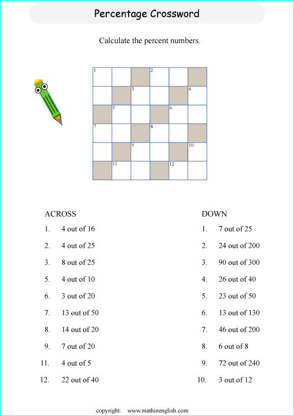 printable percentage crossword puzzle for kids