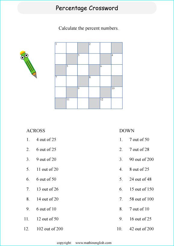 printable percentage crossword puzzle for kids