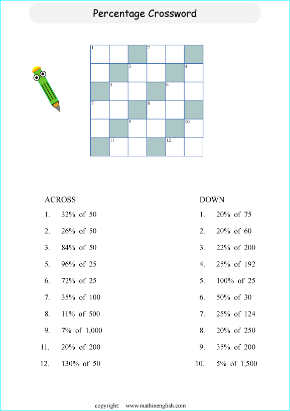 printable percentage crossword puzzle for kids