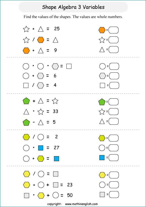 printable Shape Algebra math and IQ puzzle