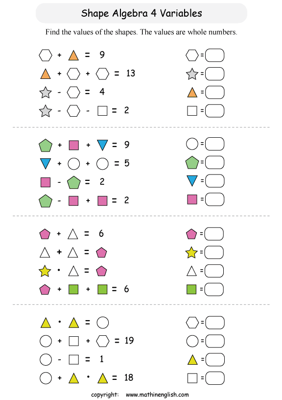 printable Shape Algebra math and IQ puzzle