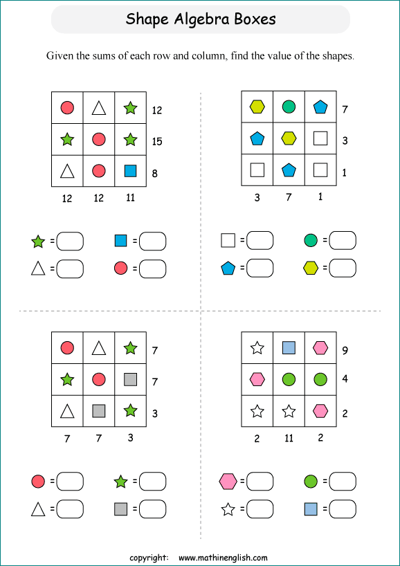 printable Shape Boxes Equation and Algebra IQ puzzle