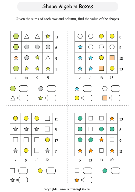 printable Shape Boxes Equation and Algebra IQ puzzle
