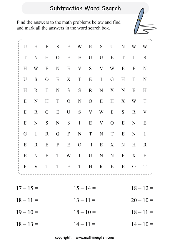 printable subtraction word search puzzles for kids