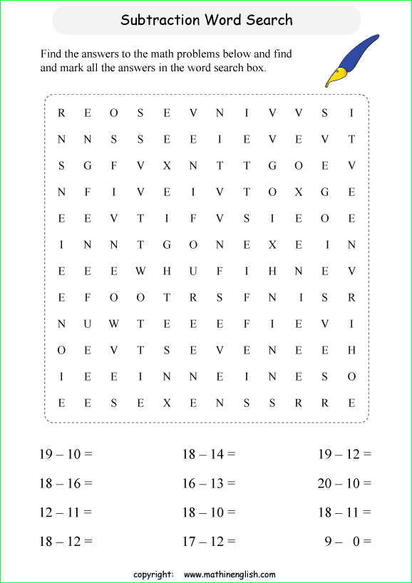 printable subtraction word search puzzles for kids