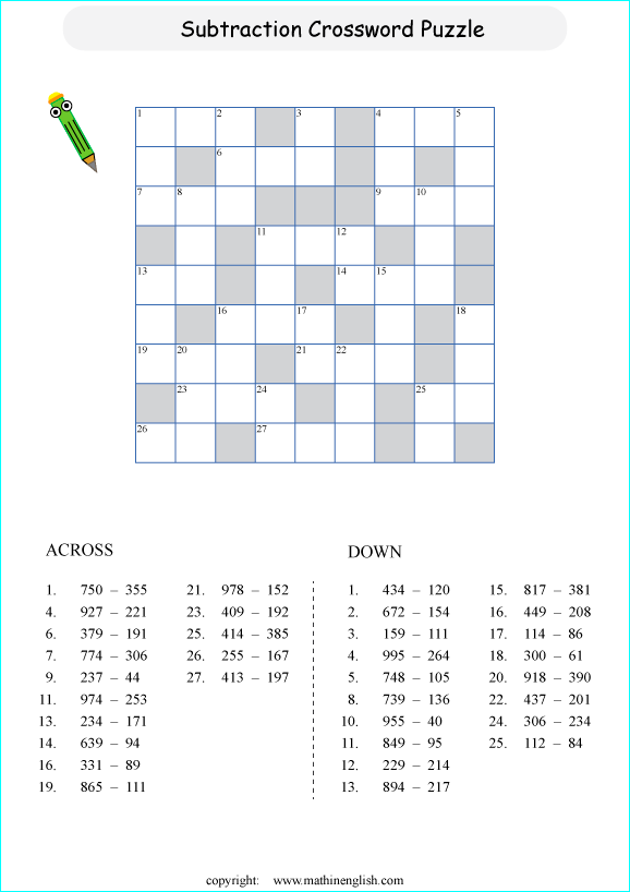 printable math crossword subtraction within 10,000 puzzle for kids