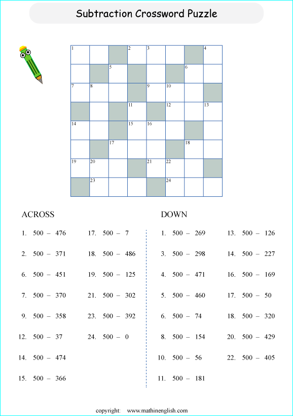 printable math crossword subtraction within 10,000 puzzle for kids
