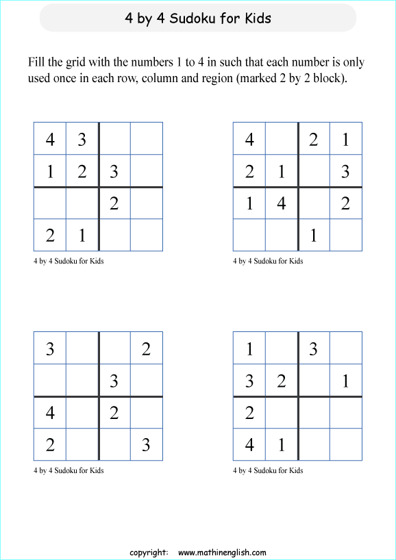 printable 4 by 4 sudoky puzzle for kids
