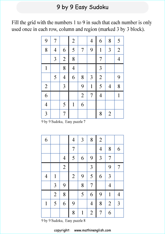 9 by 9 printable sudoky puzzle for kids