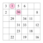 printable 6 by 6 Hidato logic IQ puzzle for kids