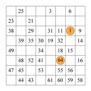 printable 8 by 8 Hidato logic IQ puzzle for kids