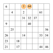 printable 8 by 8 Hidato logic IQ puzzle for kids