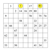 printable 9 by 9 Hidato logic IQ puzzle for kids