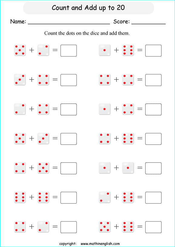 Grade 1 math addition activity worksheet. Add the dots on the 2 dice