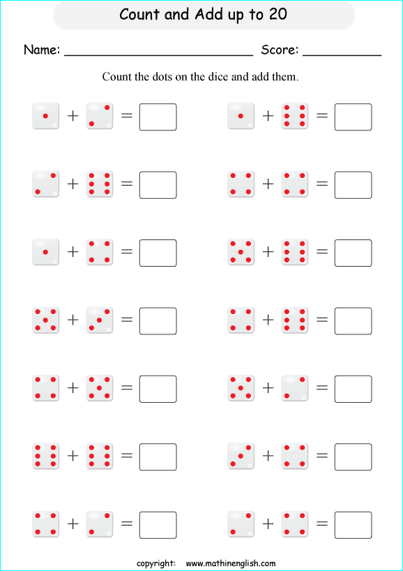 Grade 1 math addition activity worksheet. Add the dots on the 2 dice