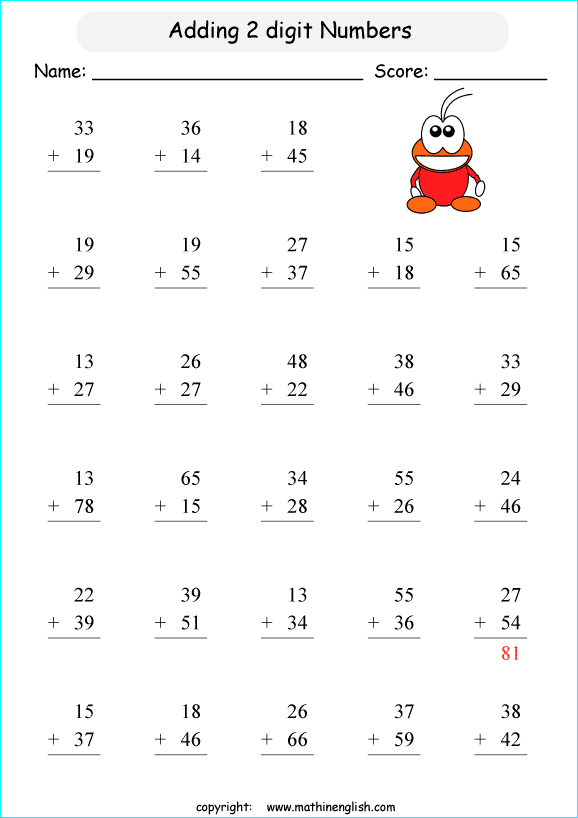 printable math addition 2 digits worksheets