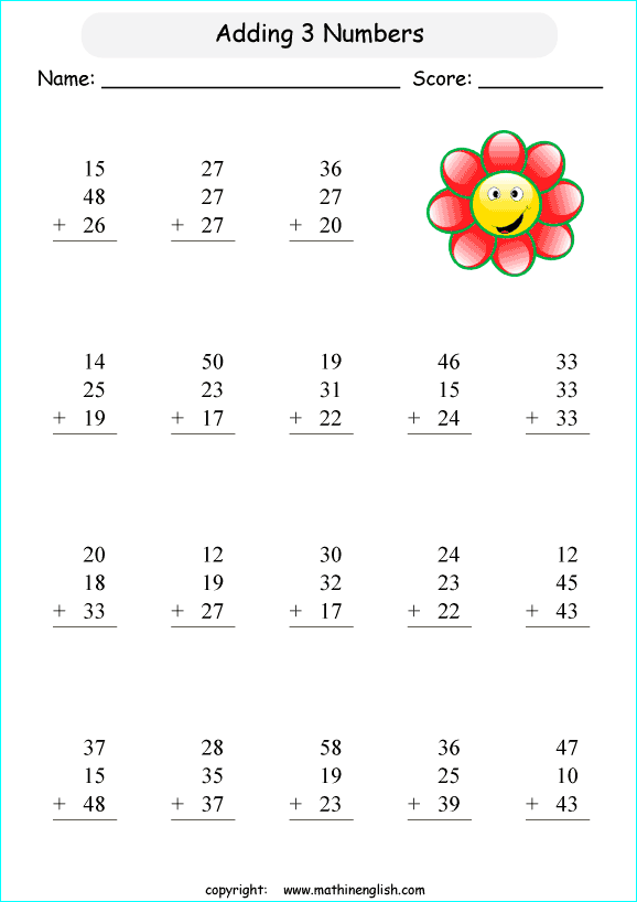 Adding 3 Two Digit Numbers Worksheets