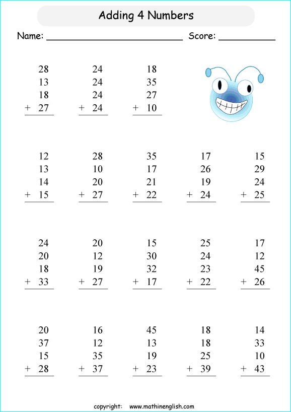 Adding 4 two digit numbers math worksheet for math students in math