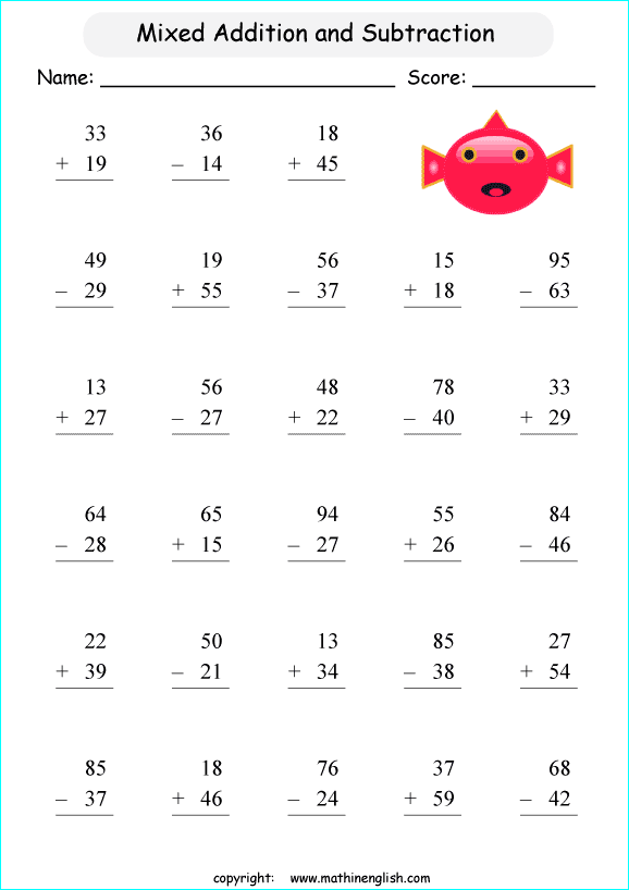 Calculate these mixed addition and subtraction facts within 100. Grade