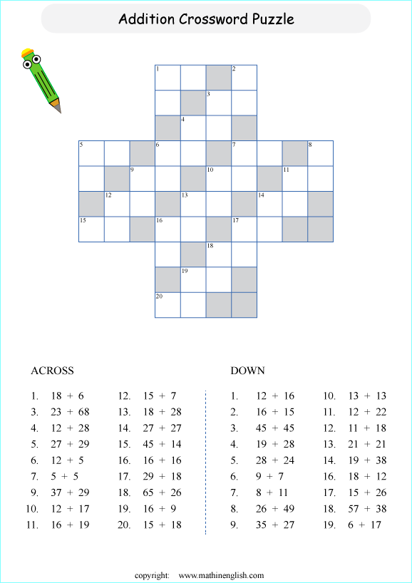 printable math addition crosswords worksheets