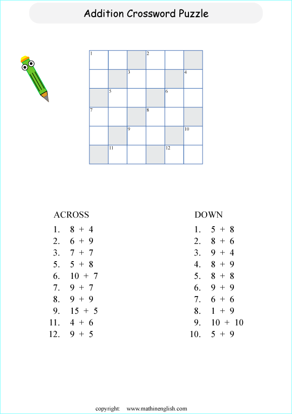 printable math addition crosswords worksheets