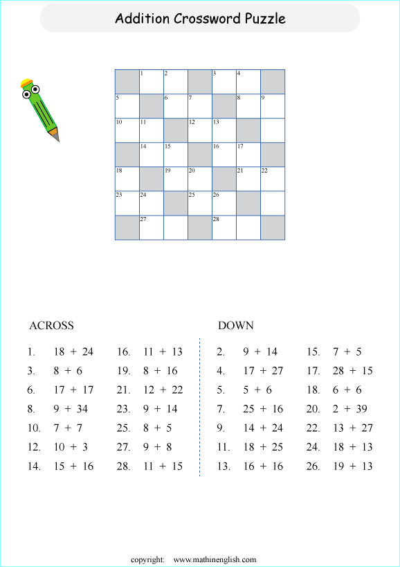 printable math addition crosswords worksheets