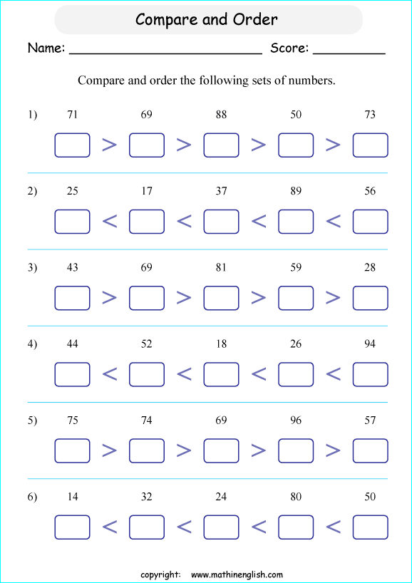 Compare and order numbers up to 100 math worksheet for first grade math