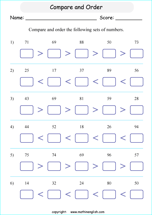 printable math comparing and ordering up to 100 worksheets for kids in primary and elementary math class 