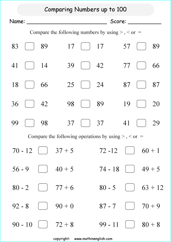 printable math comparing and ordering up to 100 worksheets for kids in primary and elementary math class 