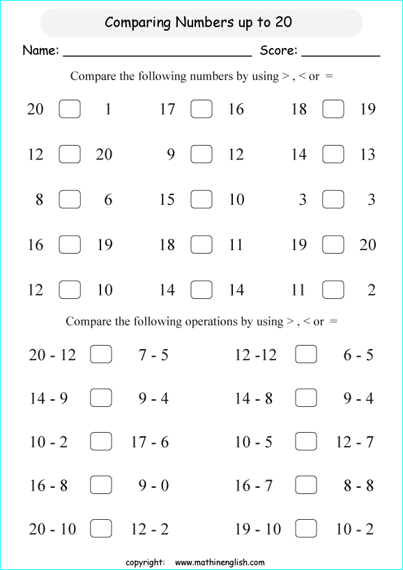 Comparing Numbers Worksheets Up To 20 1st Grade Free