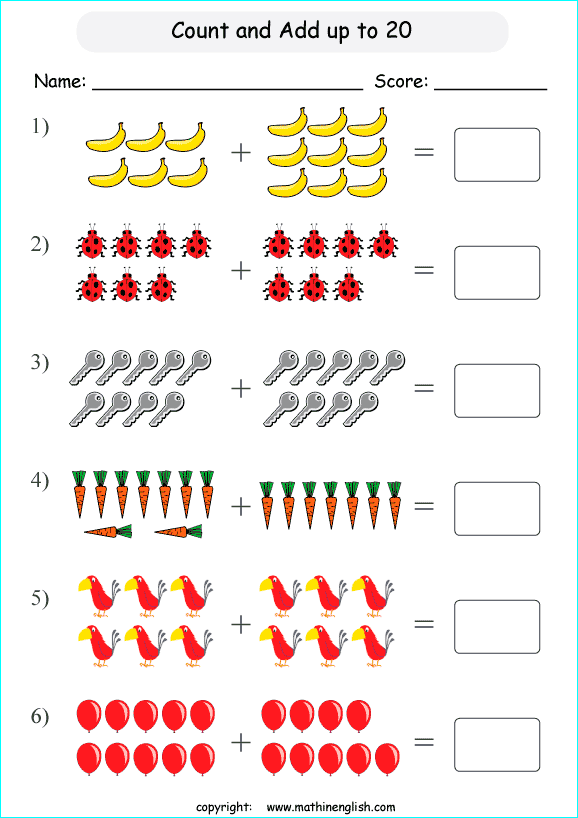 Count and Add the pictures up to 20. Counting and addition worksheet