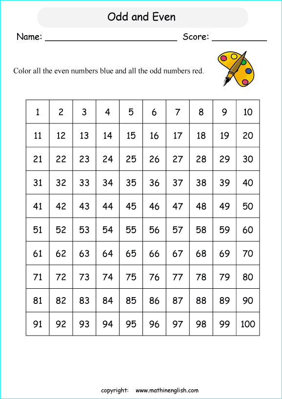Color all even colors and all odd colors math grade 1 grid for students