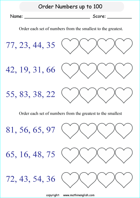 printable math comparing and ordering up to 100 worksheets for kids in primary and elementary math class 