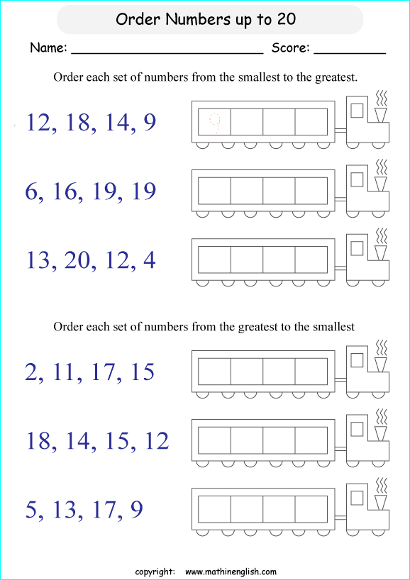 Order These 4 Numbers Up To 20 Up From Greatest To Smallest And Smallest To Greatest Grade 1 