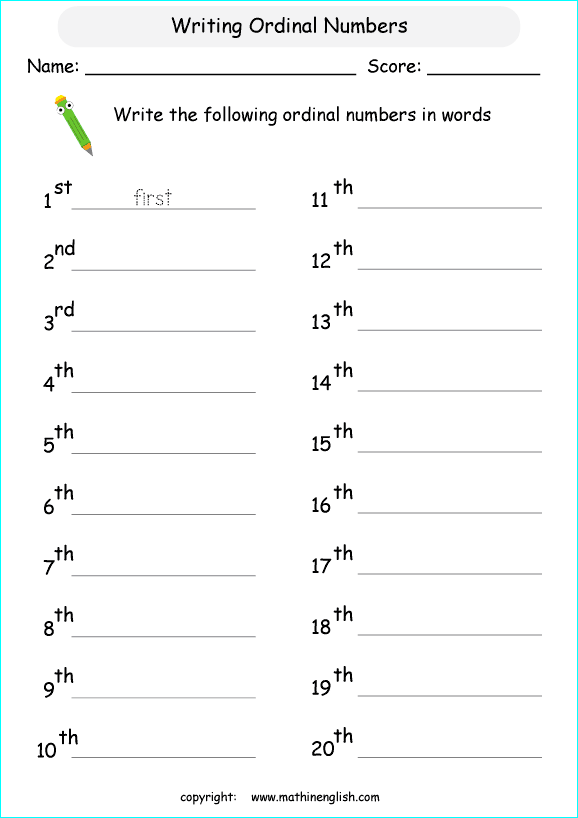 Write these ordinal numbers up to 20th worksheet for first ...