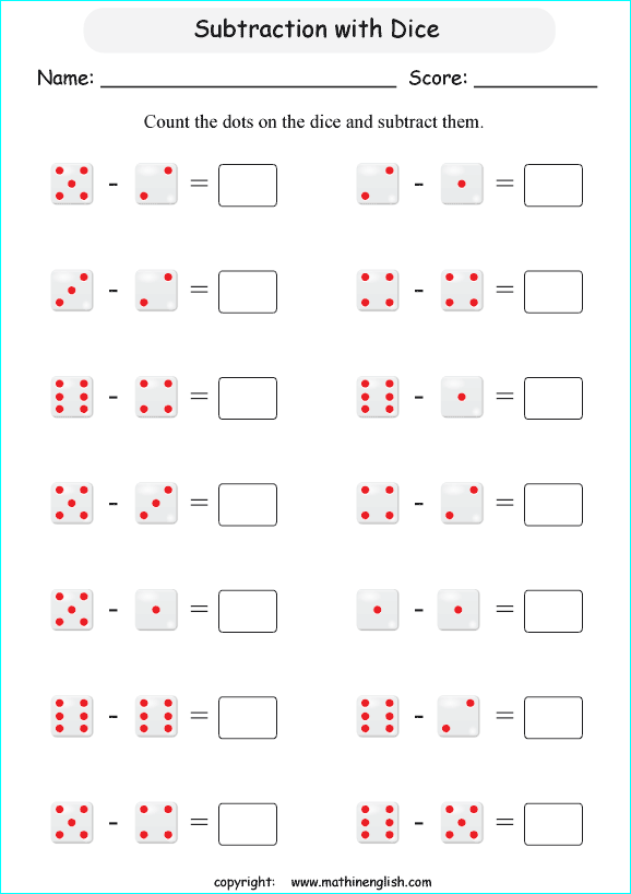 Subtract the dots on these dice. Subtraction within 10 grade 1 math