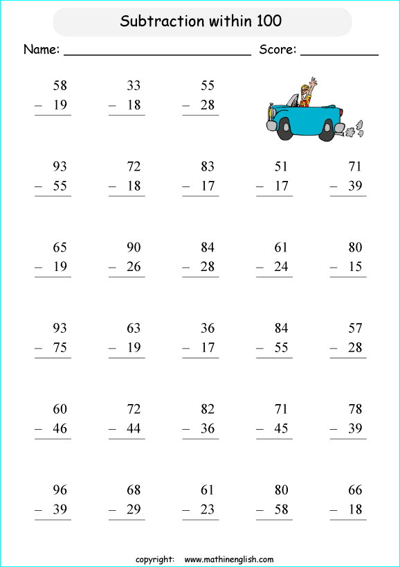 2 digit subtraction grade 1 exercises with numbers up to 100. Grade 1