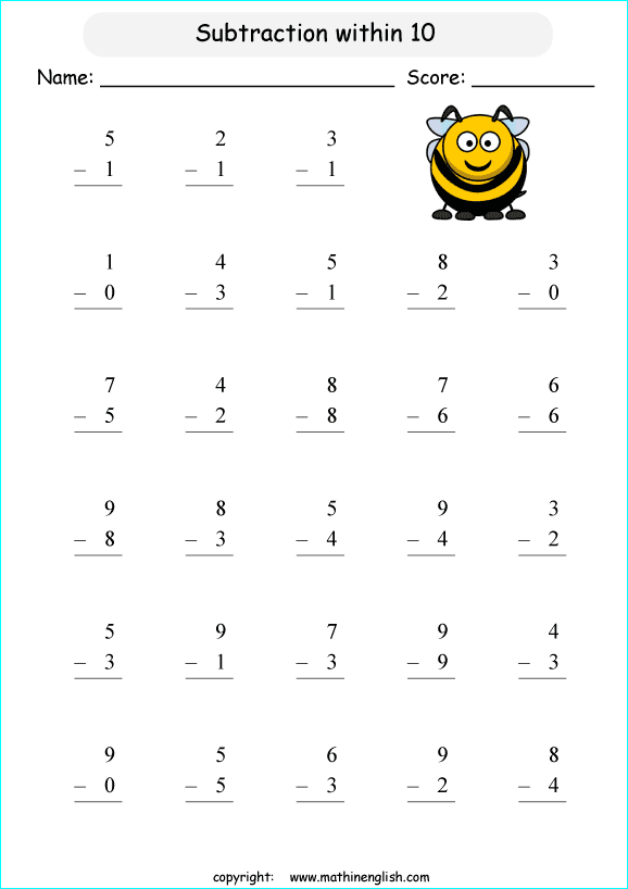 printable math single digit subtraction worksheets for kids in primary and elementary math class 