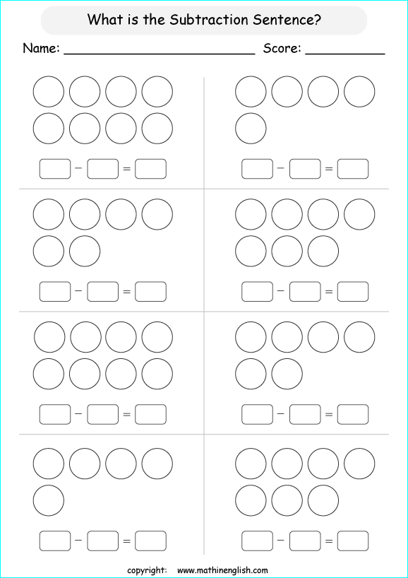 printable math subtraction with pictures worksheets for kids in primary and elementary math class 