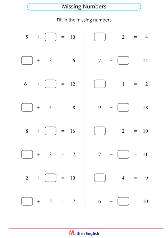 missing addition numbers worksheet