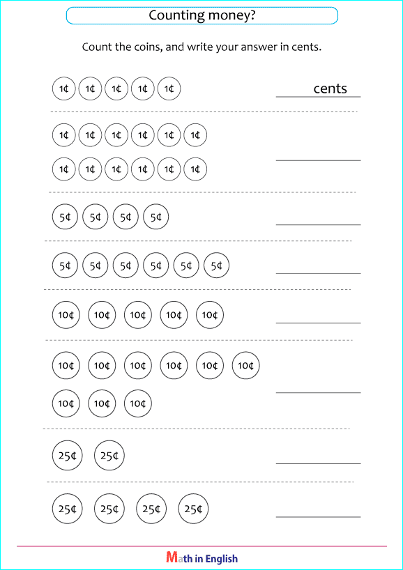 counting dollar cents and coins worksheet