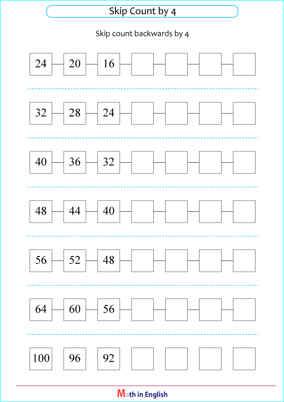 skip count backwards by 4 worksheet