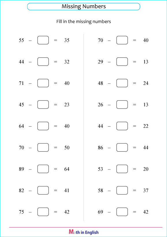 missing numbers subtraction within 100