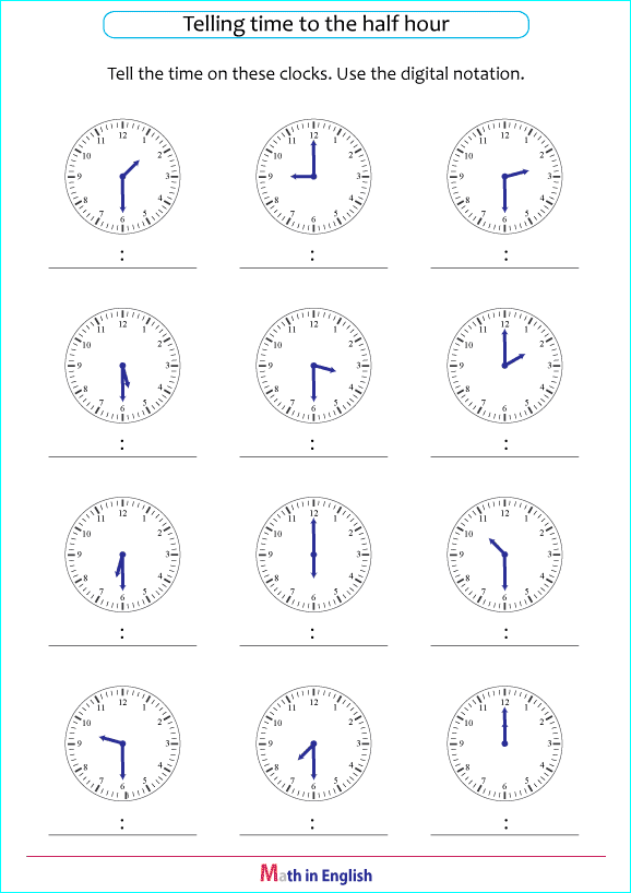 Draw hands on clocks to half hour