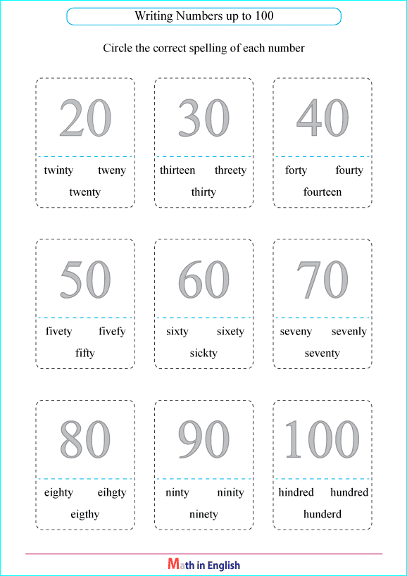 spelling whole tens up to 100 worksheet