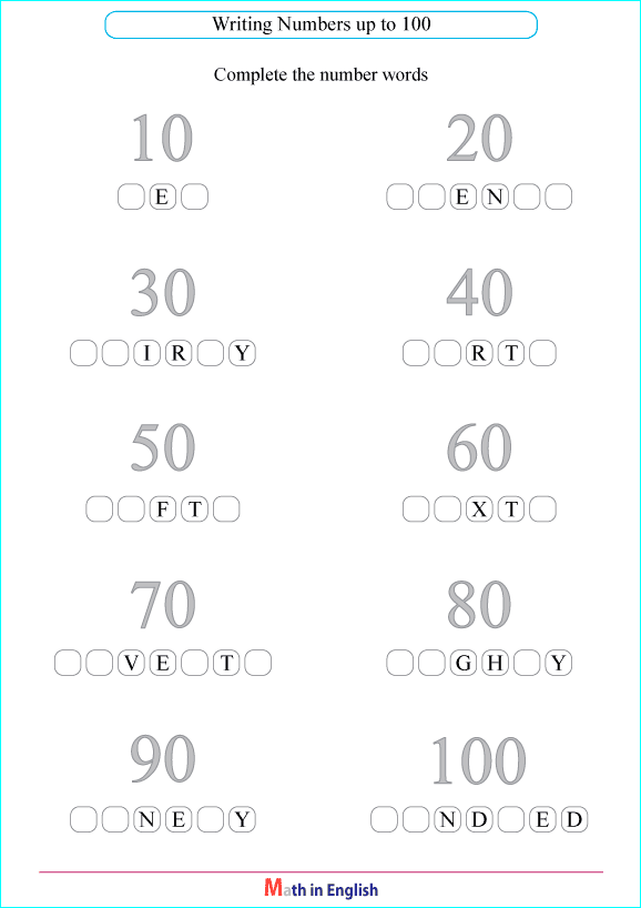complete the number words up to 100 orksheet
