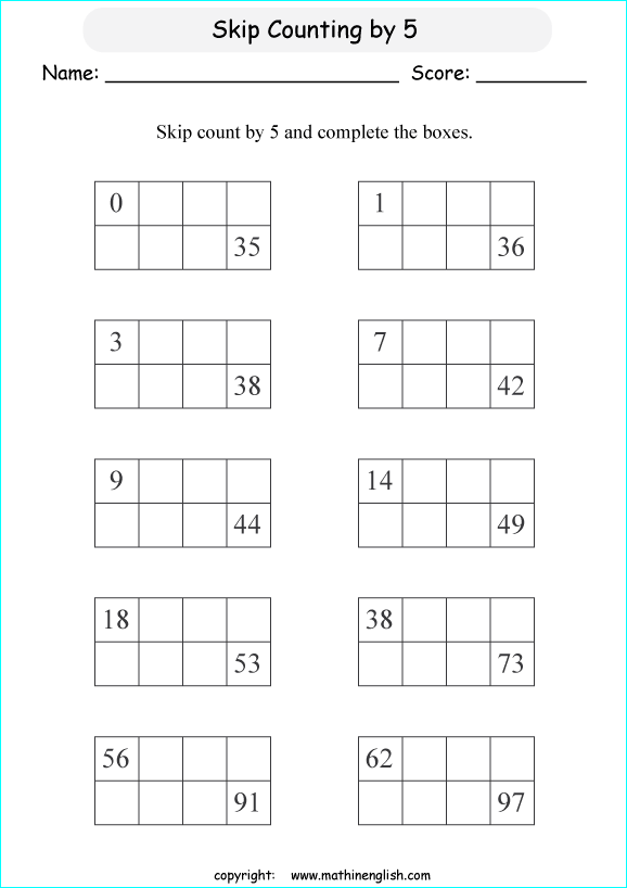 Skip count by 5 and add 5 to these numbers. First grade math worksheet